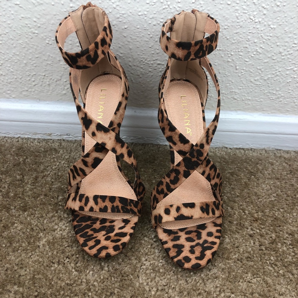 Strappy leopard print open toe heels